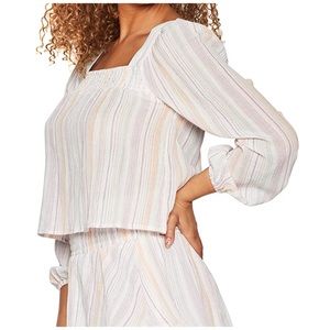 BCBGENERATION Chiffon Smocked Multicolored Striped Square Neck Top Small…